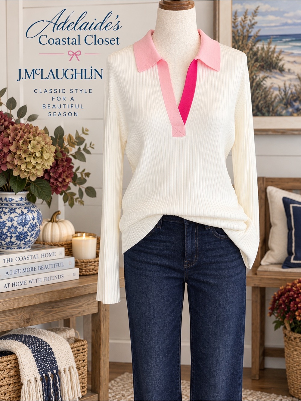 J.McLaughlin Michaela Sweater XL White Pink Ribbed Polo Preppy